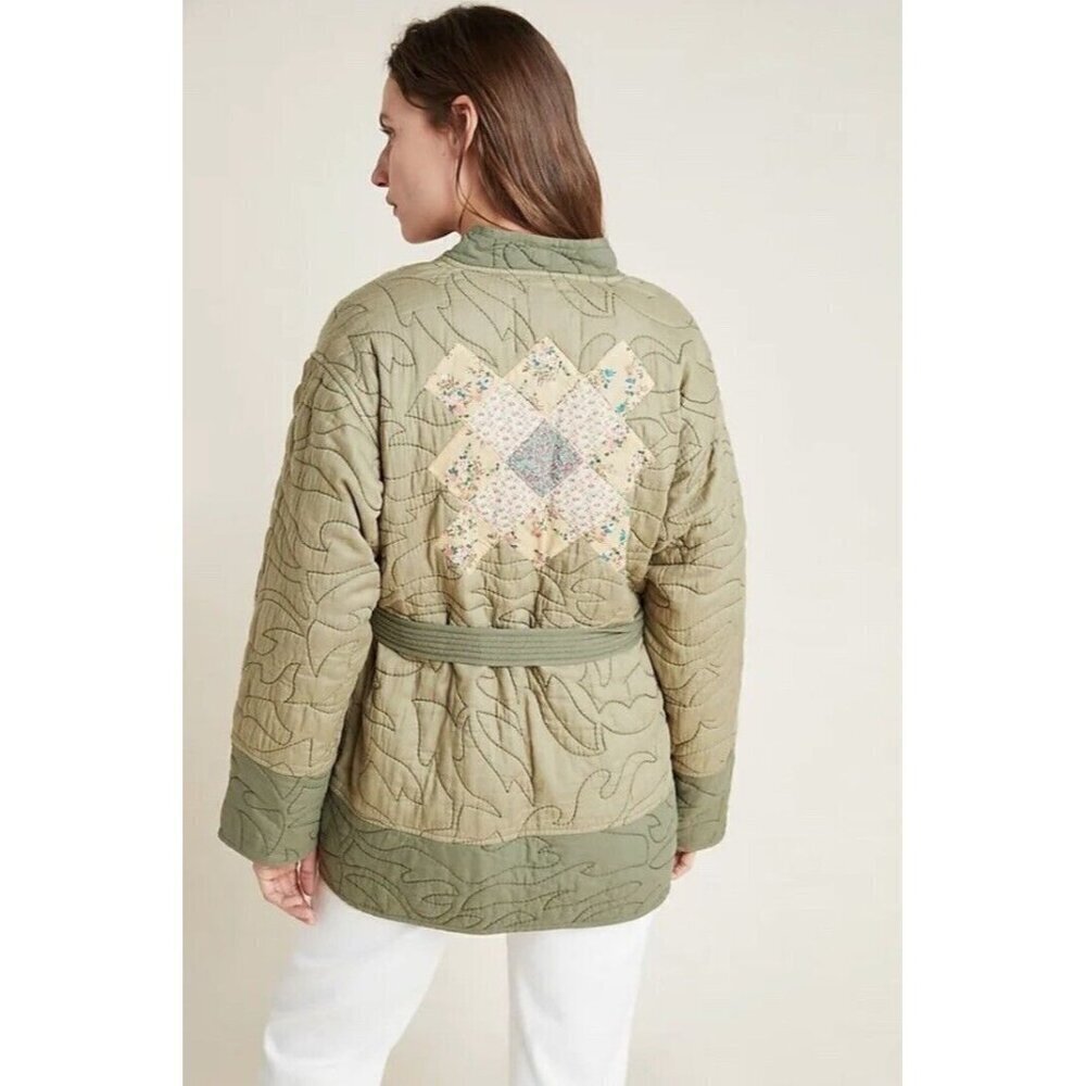 Anthropologie Quilted‎ Patchwork Kimono Jacket Moss Green Sz Large NEW LP Petite - Picture 13 of 13